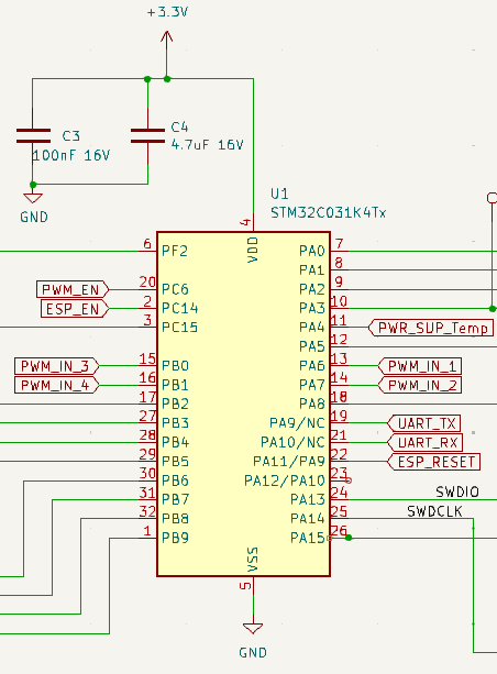 Schematic over the MCU and support components