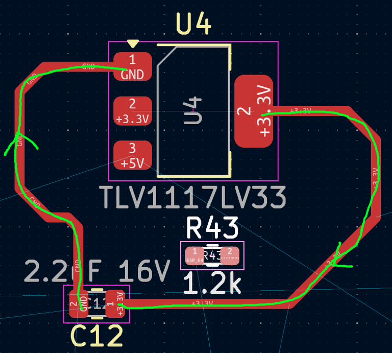 Image of a bad layout for a linear regulator and capacitor