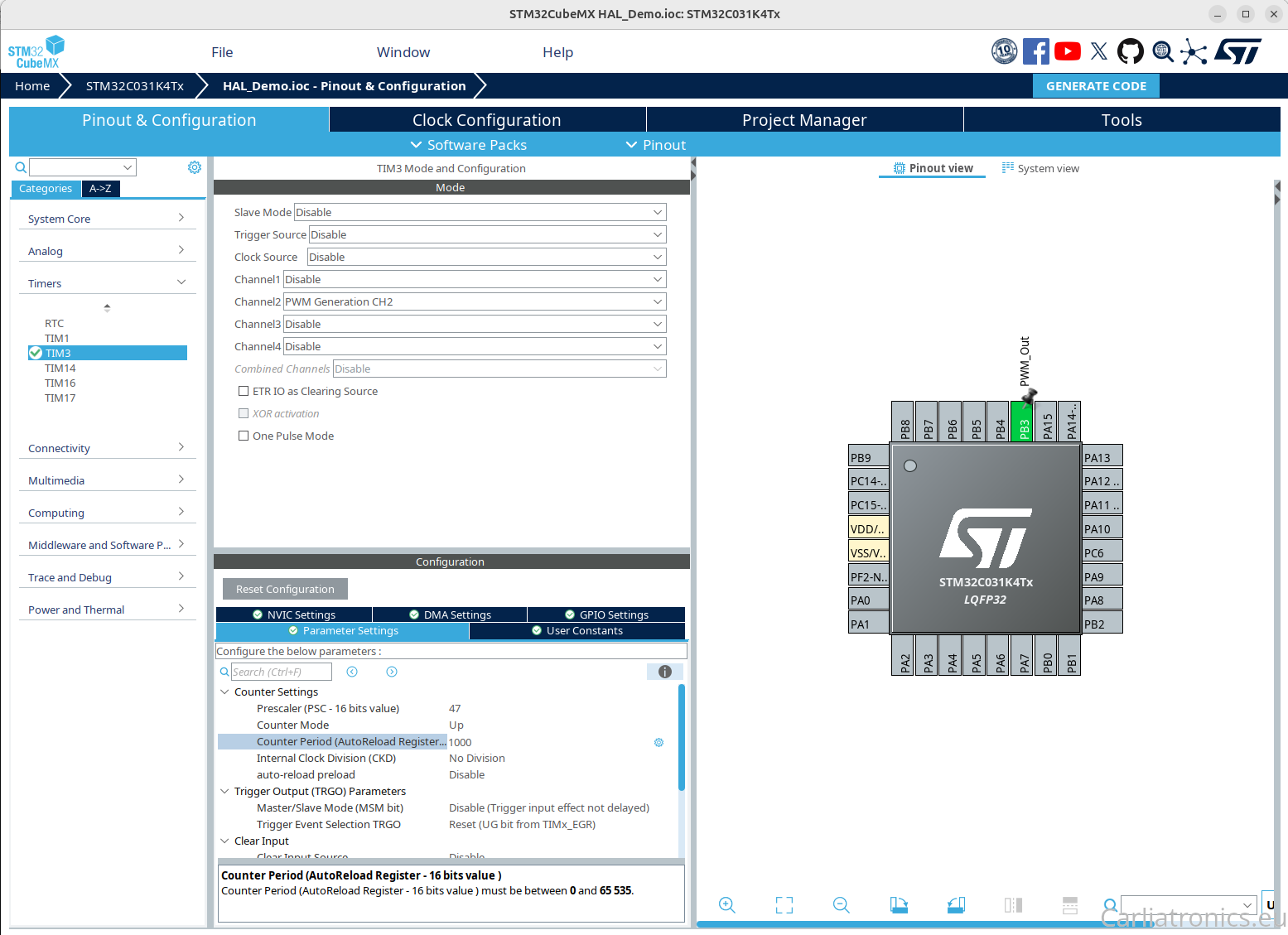 An image of the pin assignment and timer setup